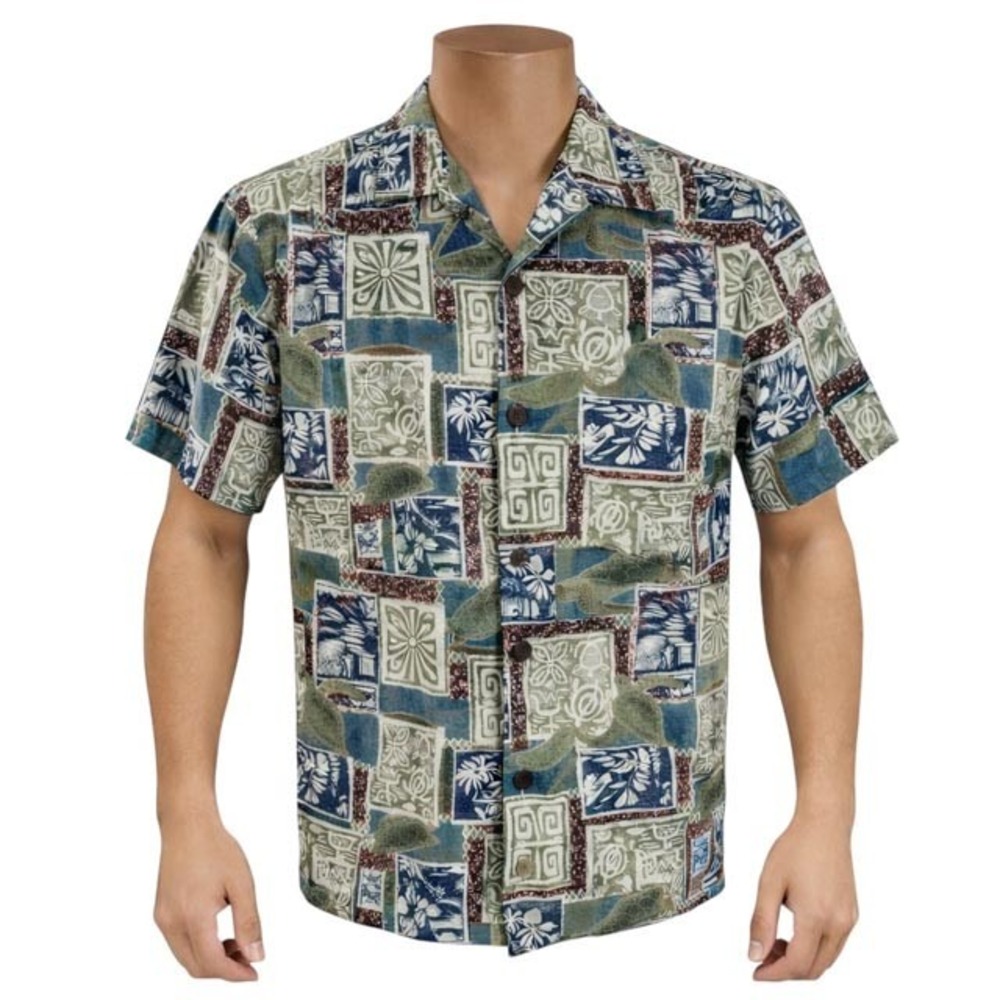 Royal Hawaiian Creations Hawaiian Aloha Shirt Large Sea Turtles Tribal Floral